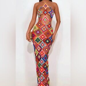 Multicolor Crochet Backless Maxi Dress with Cutout Detail